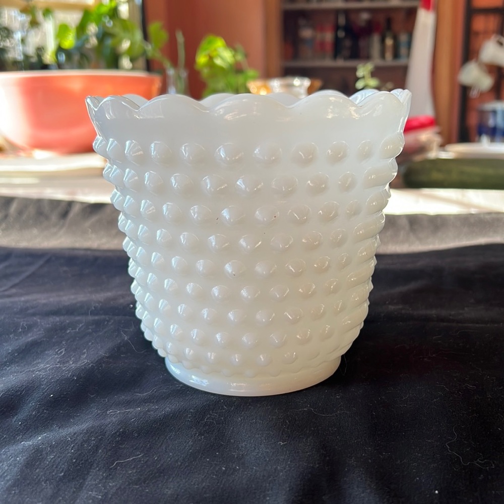 Fire King milk glass hob nail planter